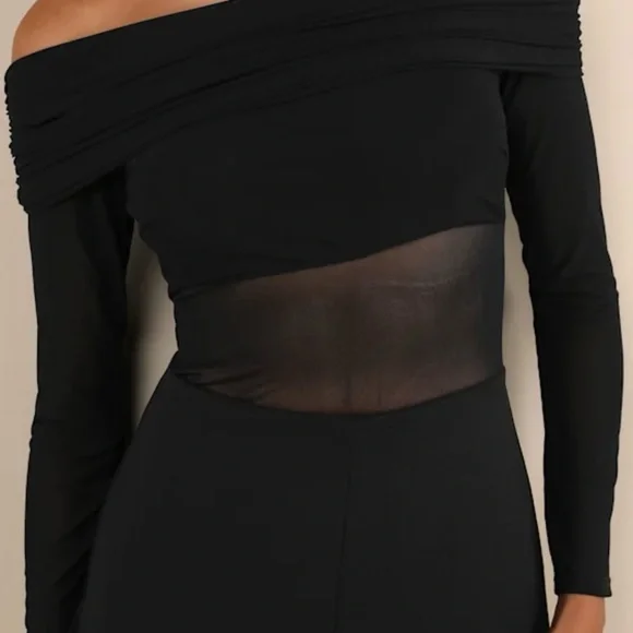 NWT Lulus Sultry Statement Black Mesh Ruched Off-The-Shoulder Jumpsuit Medium - Picture 2 of 2